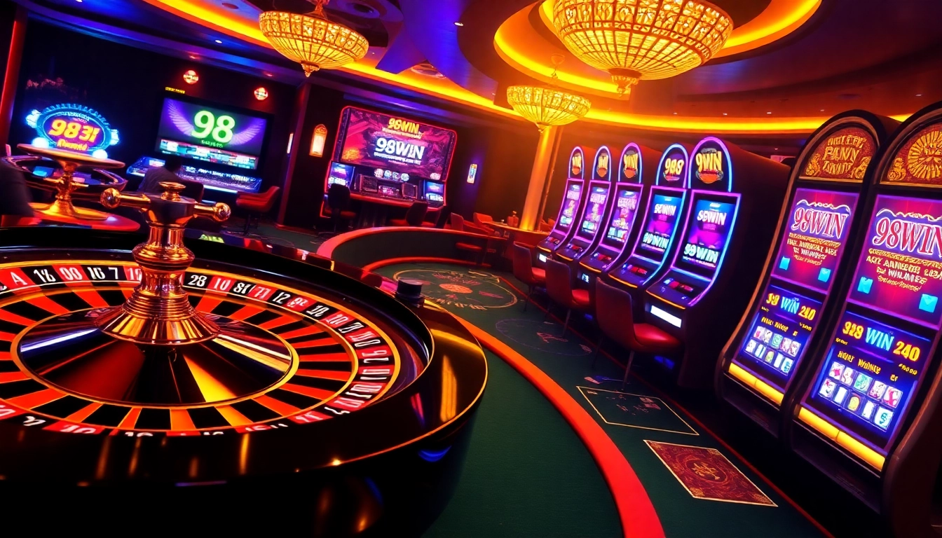 Gambler placing a bet at the 98WIN casino with poker chips and roulette wheel.