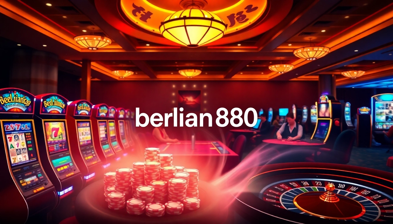 Berlian888 gaming interface with vibrant slots, poker chips, and excited players in a luxurious casino.
