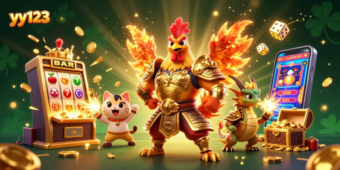 Experience thrilling gameplay at yy123 with an epic scene featuring a golden samurai rooster, dragon hatchling, and exciting gaming elements.