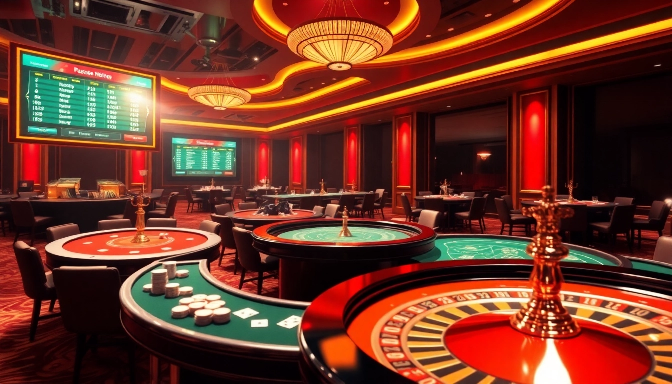 Players engaging in exciting games at FB88 casino, with vibrant casino tables, cards, and chips.