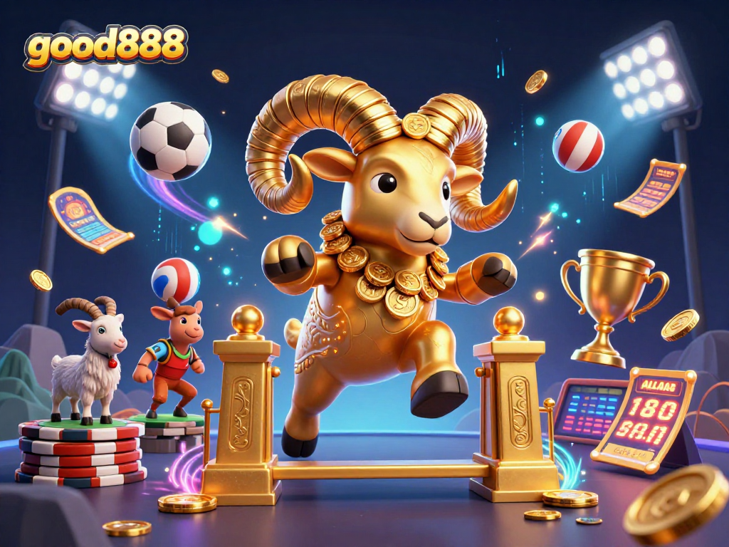 Exciting action with good888 as a golden ram charges through a casino-themed scene with vibrant betting elements.