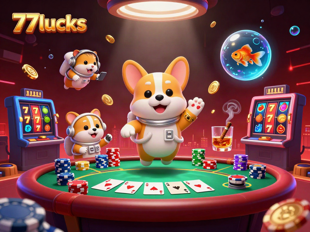 77lucks beraksi dalam kasino luar angkasa dengan corgi astronot dan kasino slot yang penuh suka cita.