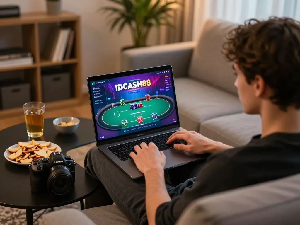 IDCASH88 online poker strategy session at home with laptop and cozy ambiance.