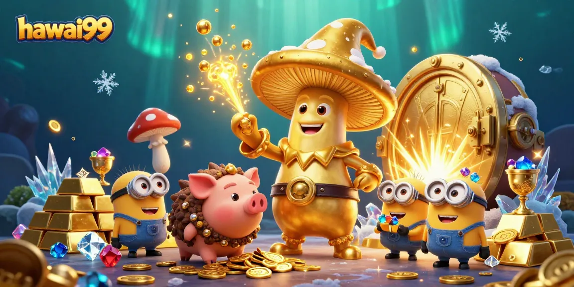 Experience the enchantment of hawai99 with a golden mushroom wizard and treasures in this vibrant scene.
