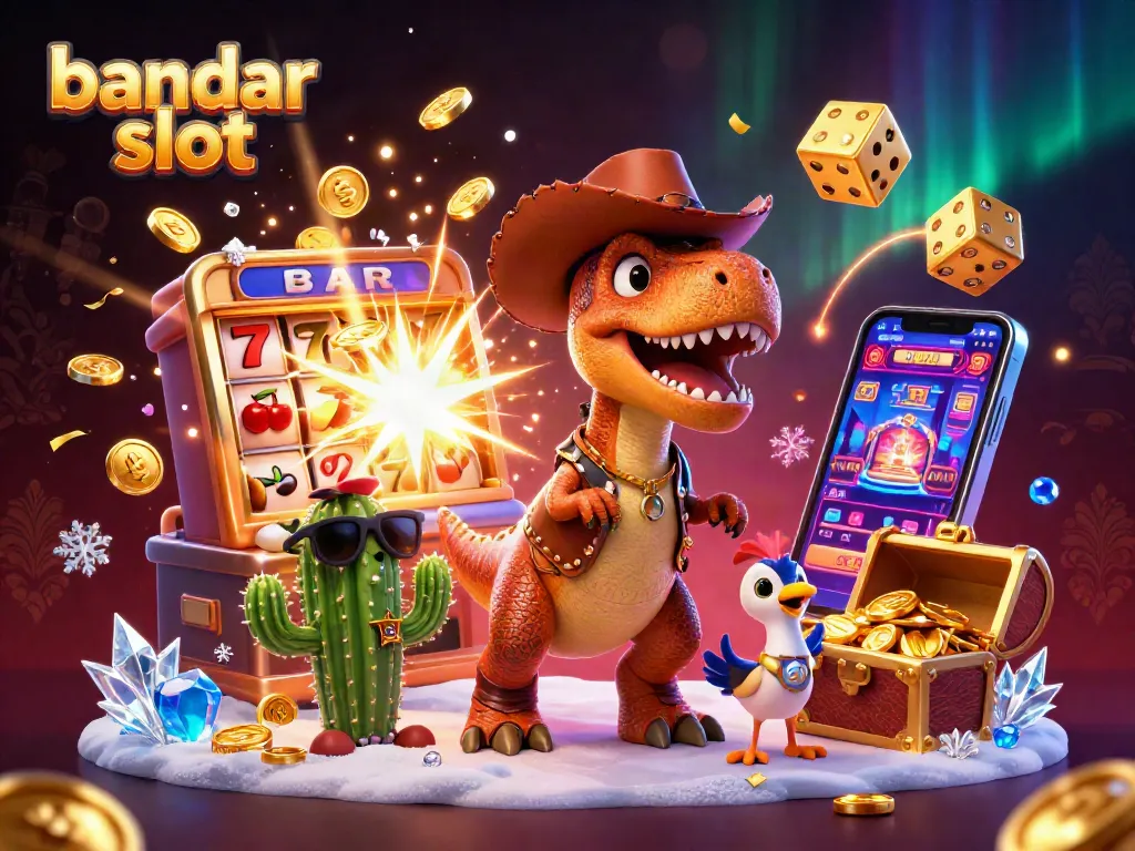 Bermain bandar slot dengan T-Rex cowboy, simbol jackpot dan efek menyala yang meriah.