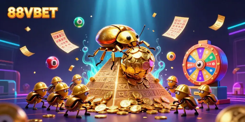 Engage with vibrant games at 88VBET featuring a golden beetle and lottery elements.