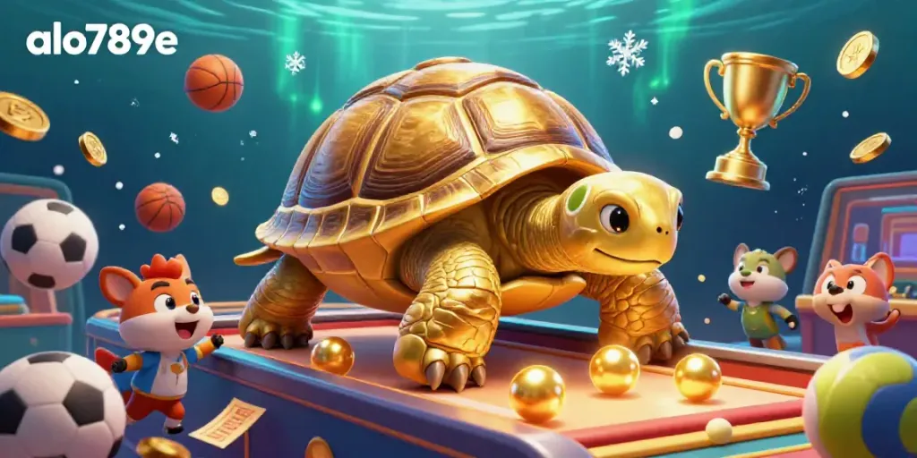 Join the excitement at alo789e with engaging casino games and high-octane visuals featuring a golden tortoise pinball machine.