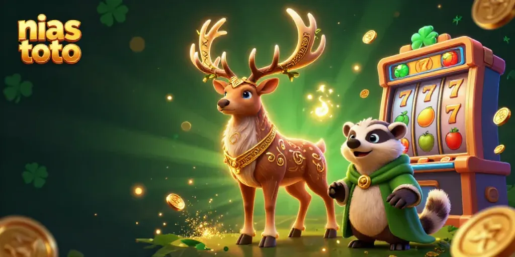 Permainan slot online nias toto ditampilkan dengan karakter stag dan badger dalam suasana yang magis.