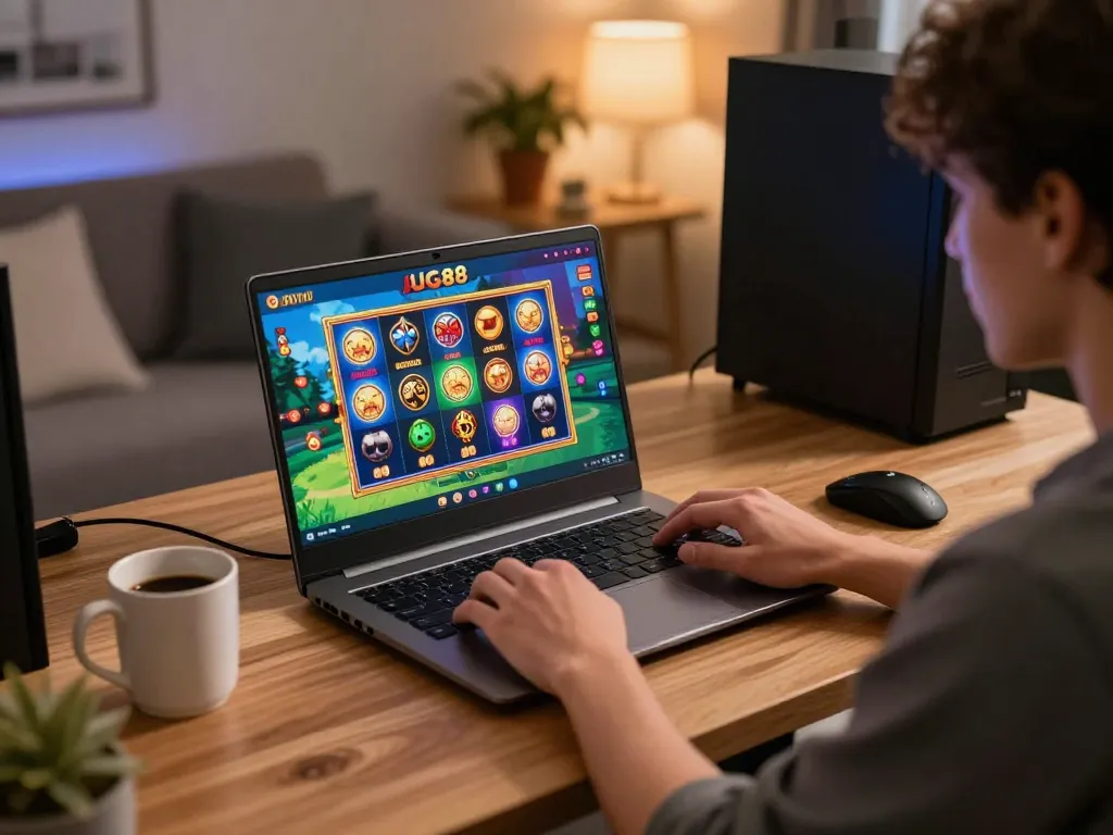 Player enjoying online gaming at UG88 with engaging visuals, warm environment, and strategic setup.