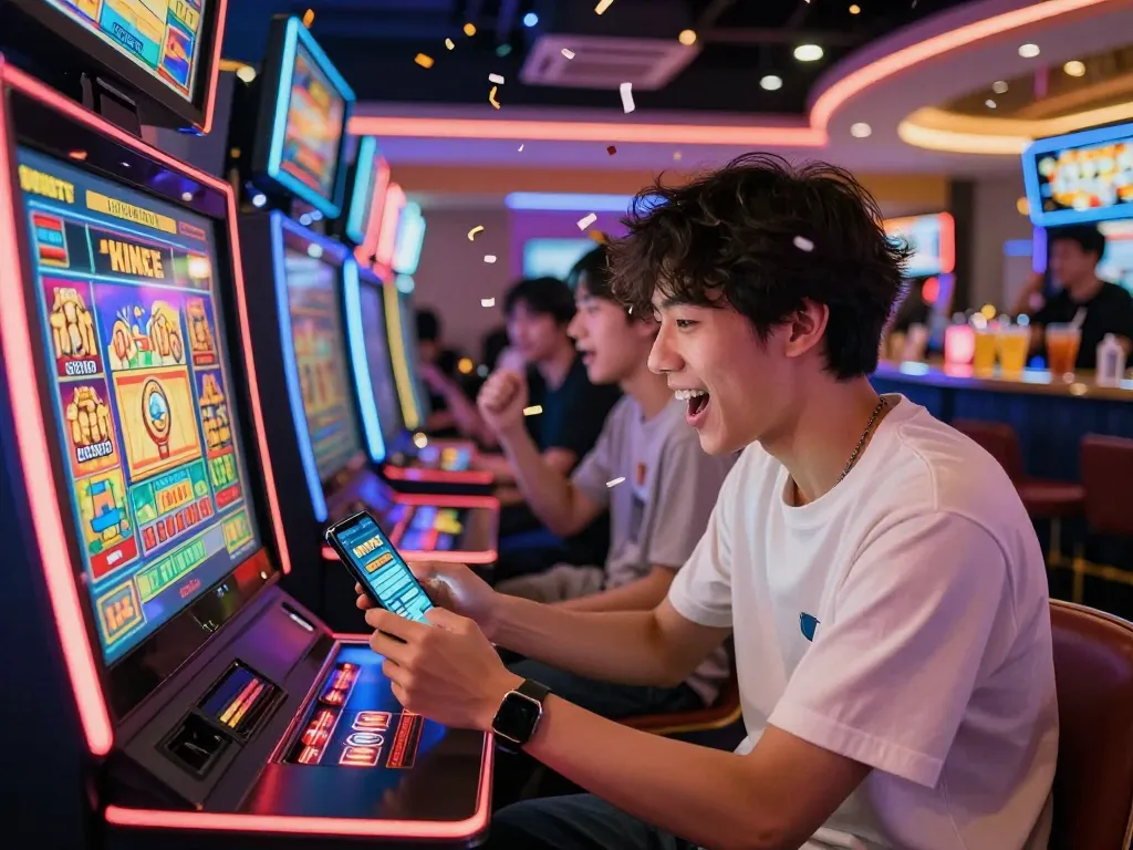 Player celebrating a win at mantra88.net in a colorful casino environment filled with neon lights and games.