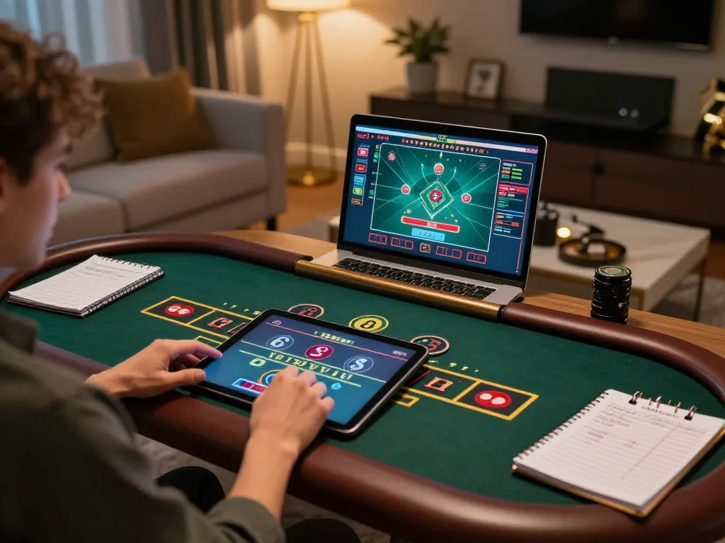 Engaging in daftar sepuhplpay while playing live dealer baccarat on a sleek tablet in a cozy home environment.