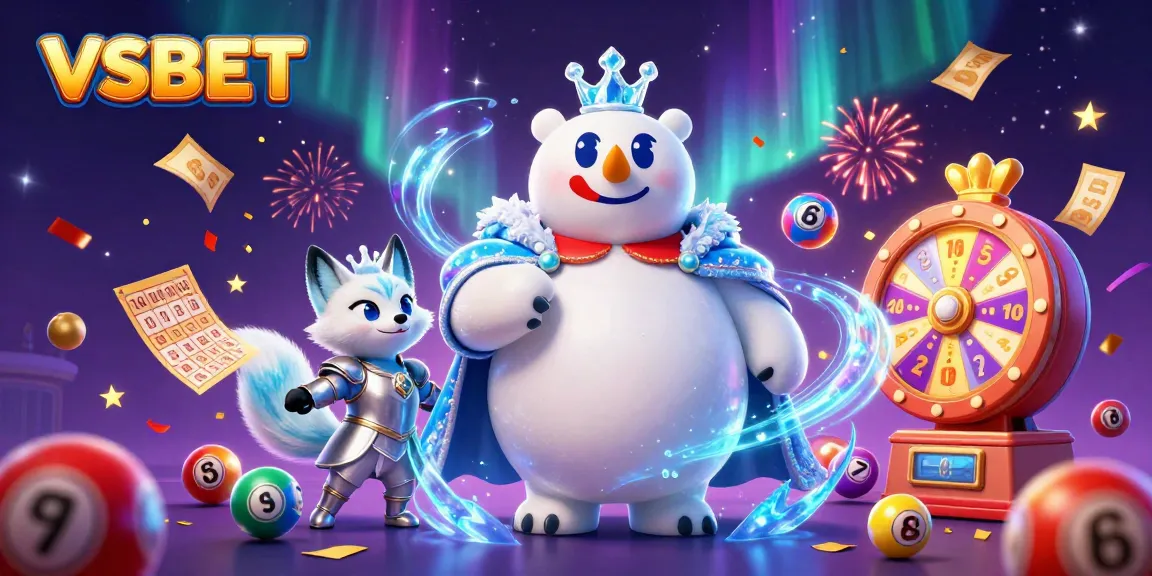 Experience the thrill of VSBET with our festive casino scene featuring vibrant lottery elements and dynamic characters.
