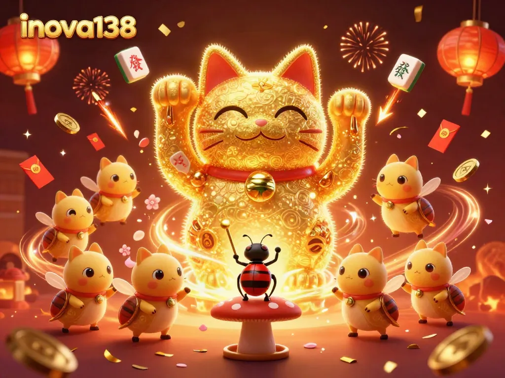 Experience the excitement of inova138 with a vibrant lucky cat and casino elements in a festive 3D scene.