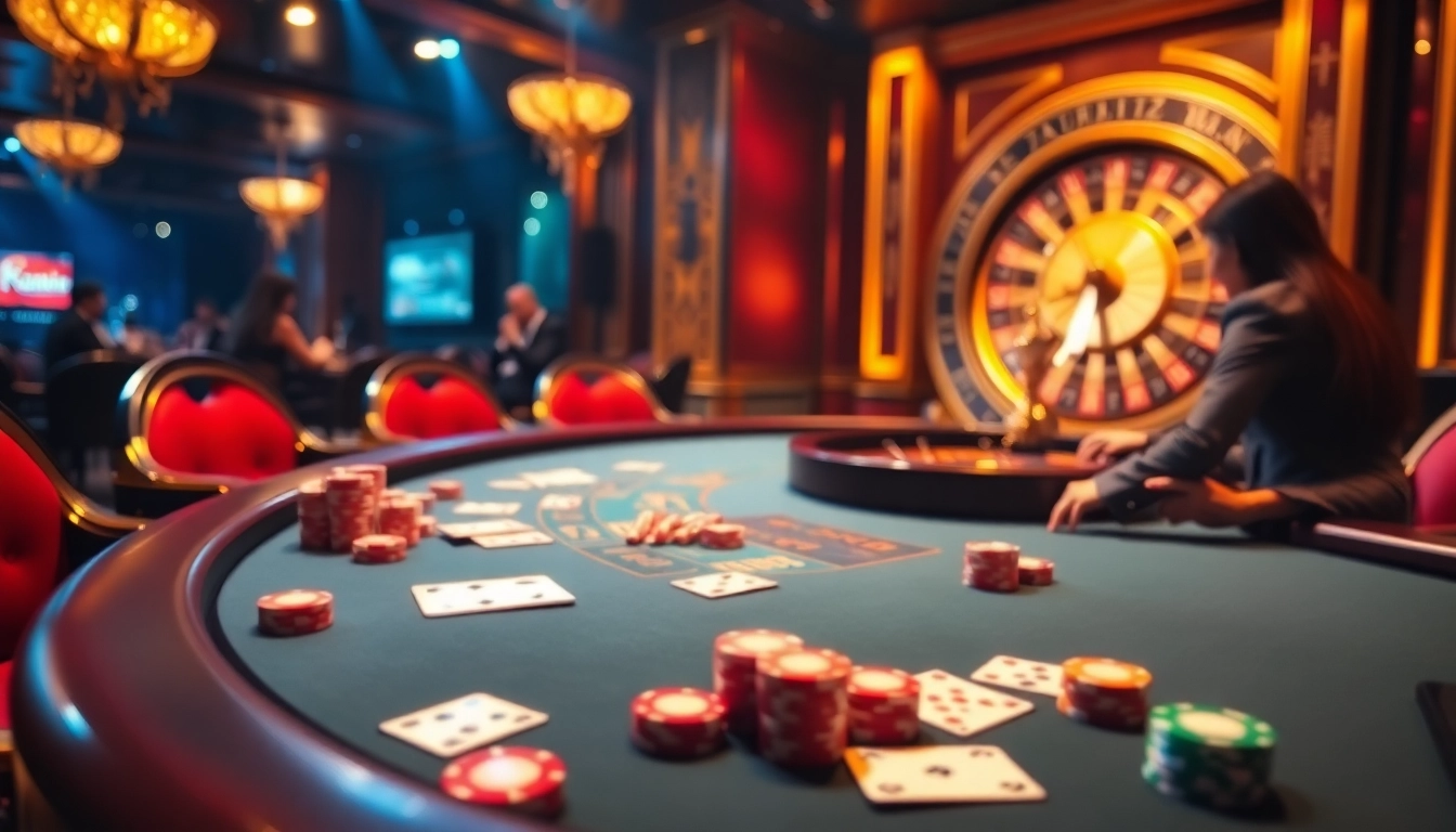Join the excitement of Dominoqiu at a vibrant poker table, filled with colorful chips and cards.