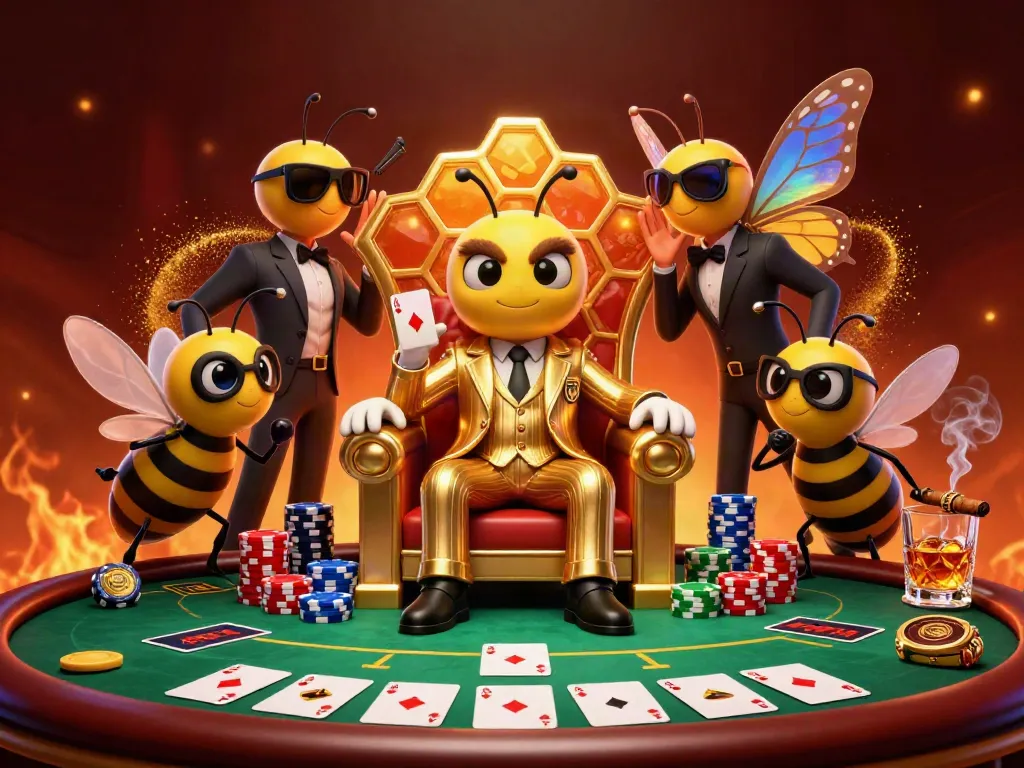 MPO08 themed illustration of a cartoon bumblebee mob boss surrounded by poker elements.