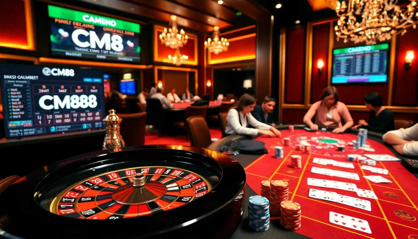 Experience the thrill of CM88's vibrant casino games with roulette and colorful poker chips.