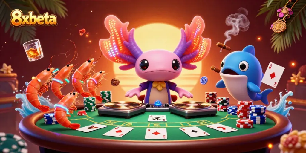 Immerse in a vibrant 8xbeta casino scene with a DJ axolotl and poker action.