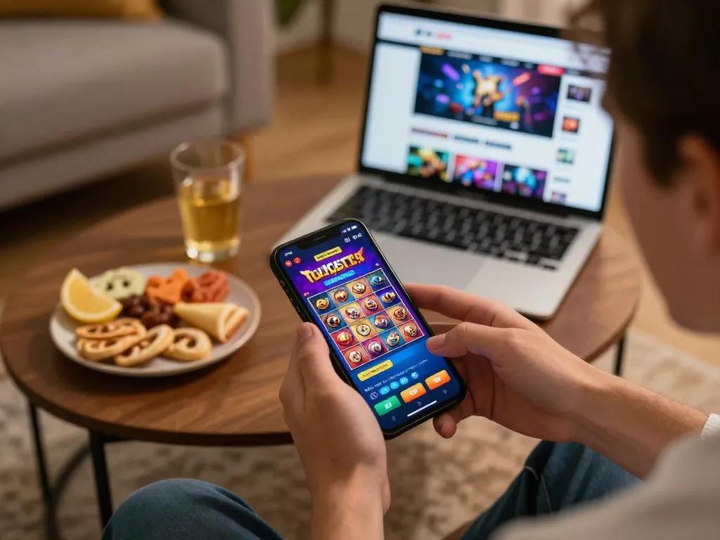 Player engages with LGODEWA mobile slot app at home, focusing on exciting gameplay.