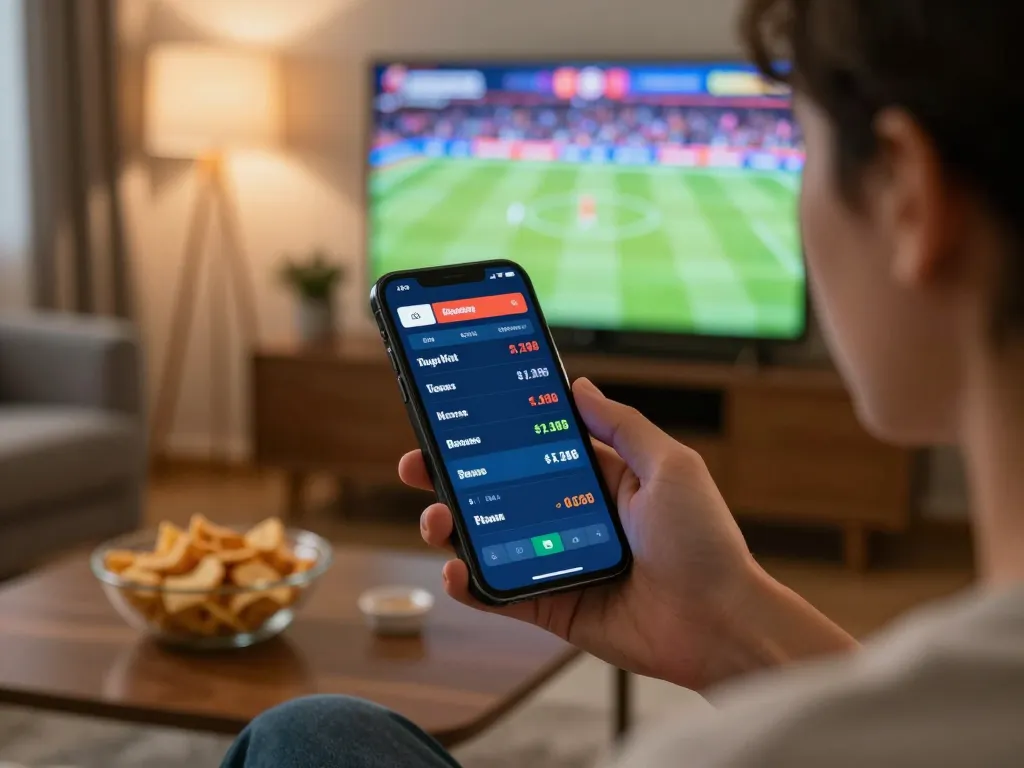 Person engaging in live sports betting on Fun88 mobile app during game night.