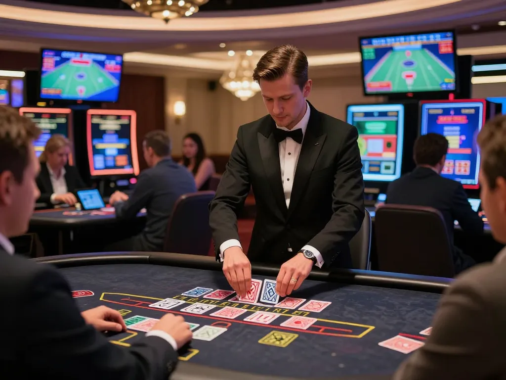MPOID players engaging with live dealer blackjack, strategic betting environment with immersive design