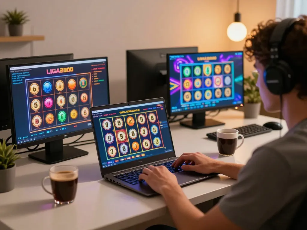 LIGA2000 player enjoying online slot games in a modern gaming setup, illustrated excitement and strategy.