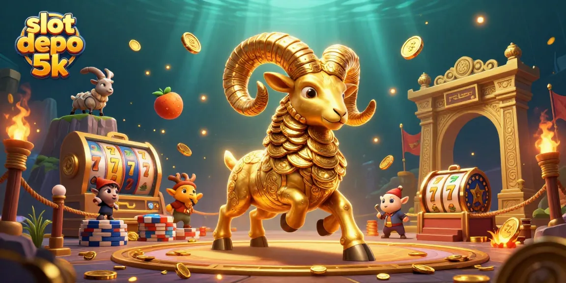 Spin to win with slot depo 5k amidst golden ram and vibrant casino elements.
