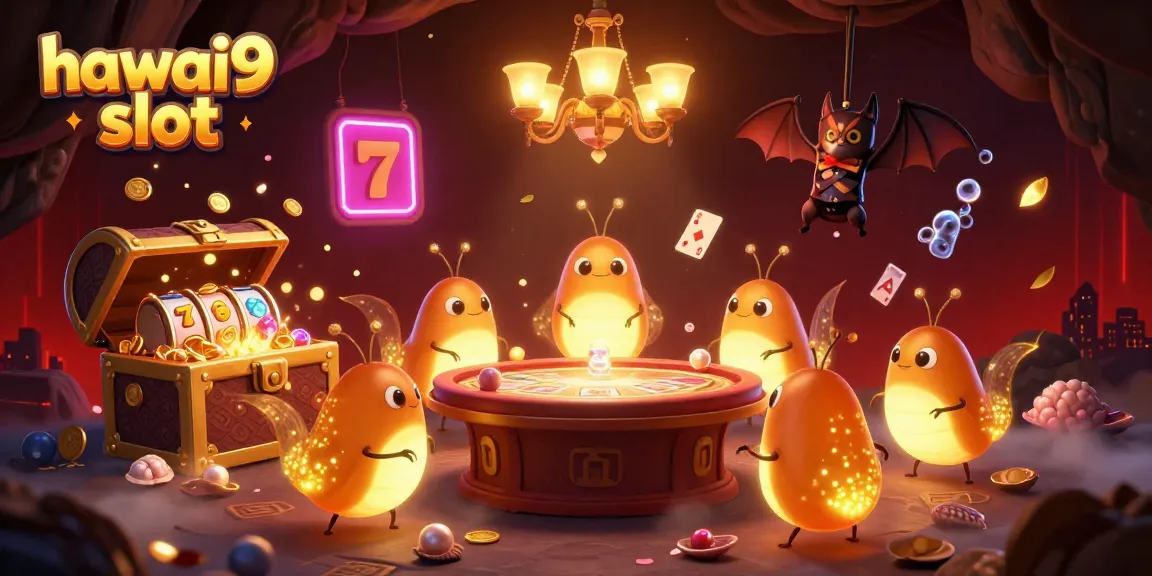 Play hawai9 slot in a vibrant cave casino illuminated by glowworms and featuring rich gaming elements.