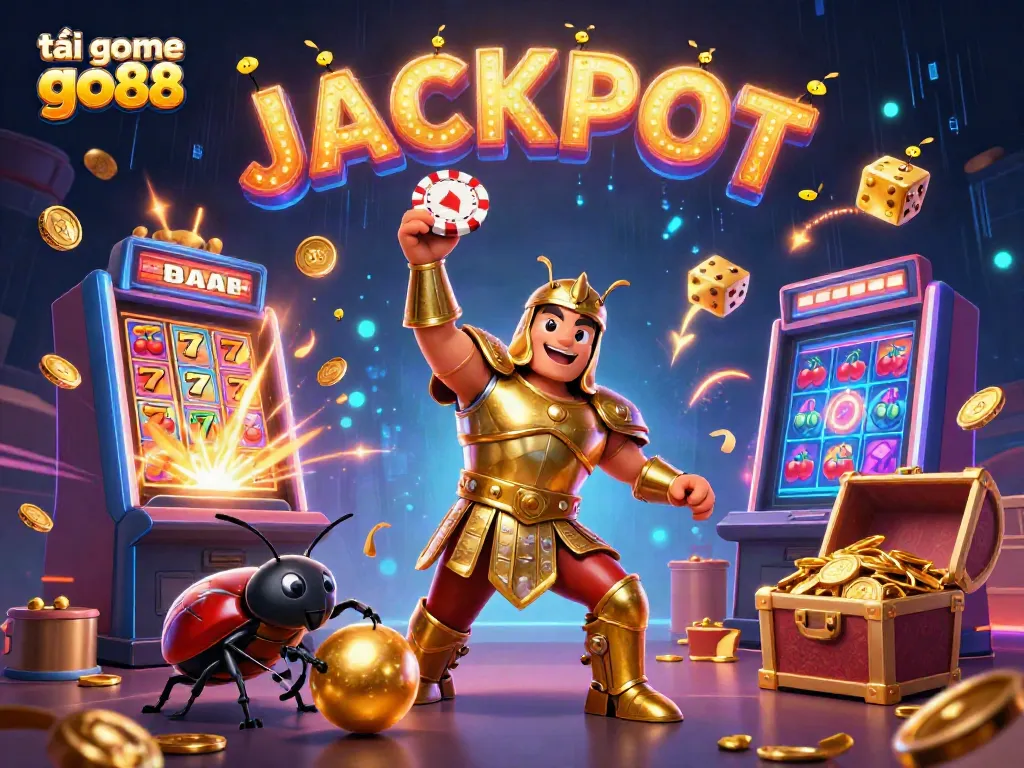 Experience the excitement of tải game go88 with a vibrant 3D illustration of a hercules beetle and dynamic casino elements.