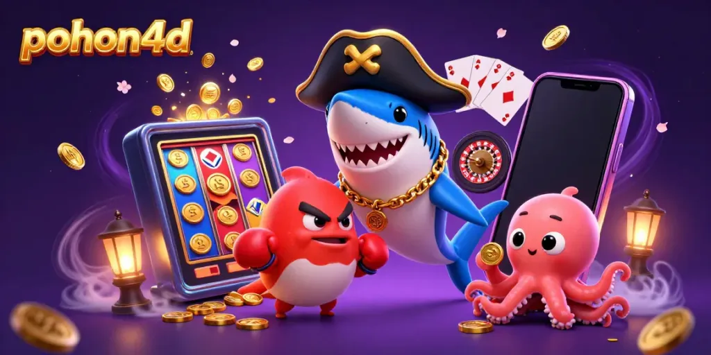 Play adventurous games with pohon4d, featuring exciting characters like a shark and octopus in a vibrant casino setting.