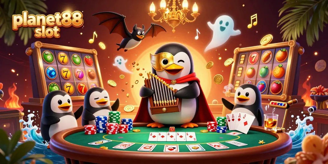 Engage with the vibrant planet88 slot world featuring a penguin organist spreading golden coins, slot reels, and rich gambling elements.