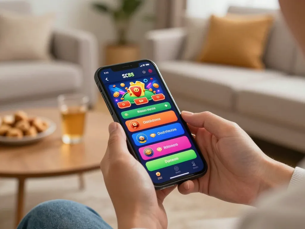 Engaging mobile gaming experience with SC88 app on smartphone, cozy home setting.
