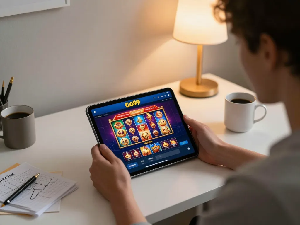 Playful user engaging with the Go99 casino app on tablet, showcasing vibrant graphics in a cozy home setting