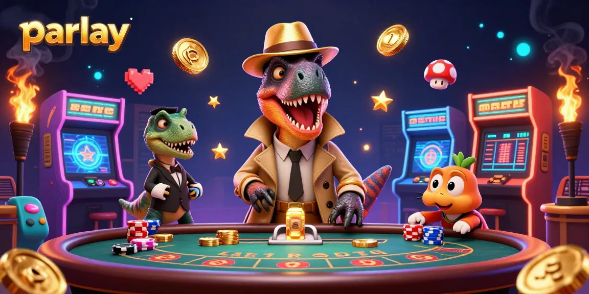 Bet on parlay bets in a vibrant 3D cartoon casino scene filled with action and excitement.