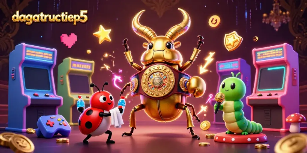 Experience the thrill of dagatructiep5 with giant golden beetles in an epic showdown, surrounded by vibrant casino elements.