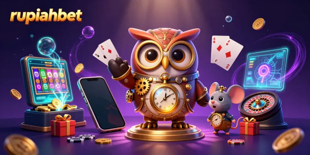 Experience thrilling gaming adventures at rupiahbet with a time-traveler owl, vivid slot games, and dynamic casino elements.