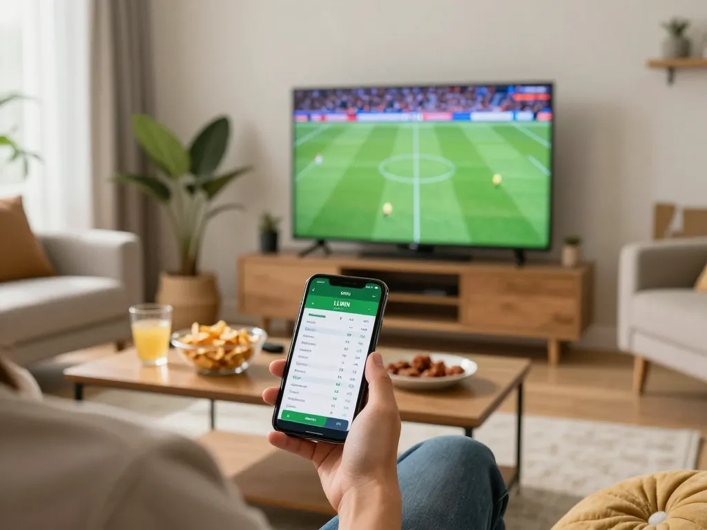 Engaging with the LLWIN app for sports betting in a cozy home setting, highlighting exciting live match action.
