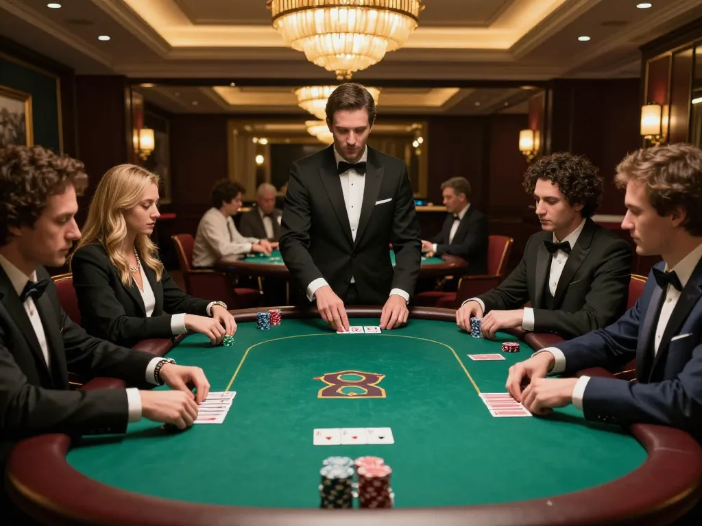 High-stakes poker game at alo88 eu com professional room showing cards and players in action.