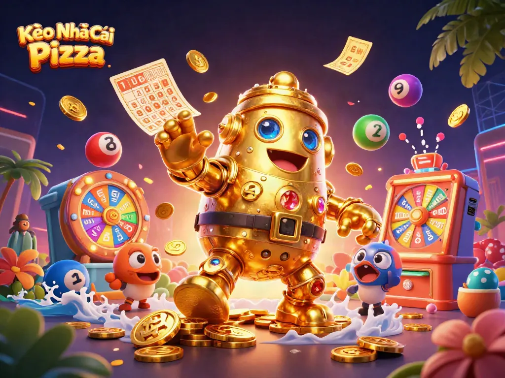 Kèo Nhà Cái Pizza showcases a golden golem and lottery elements in a dynamic casino scene.
