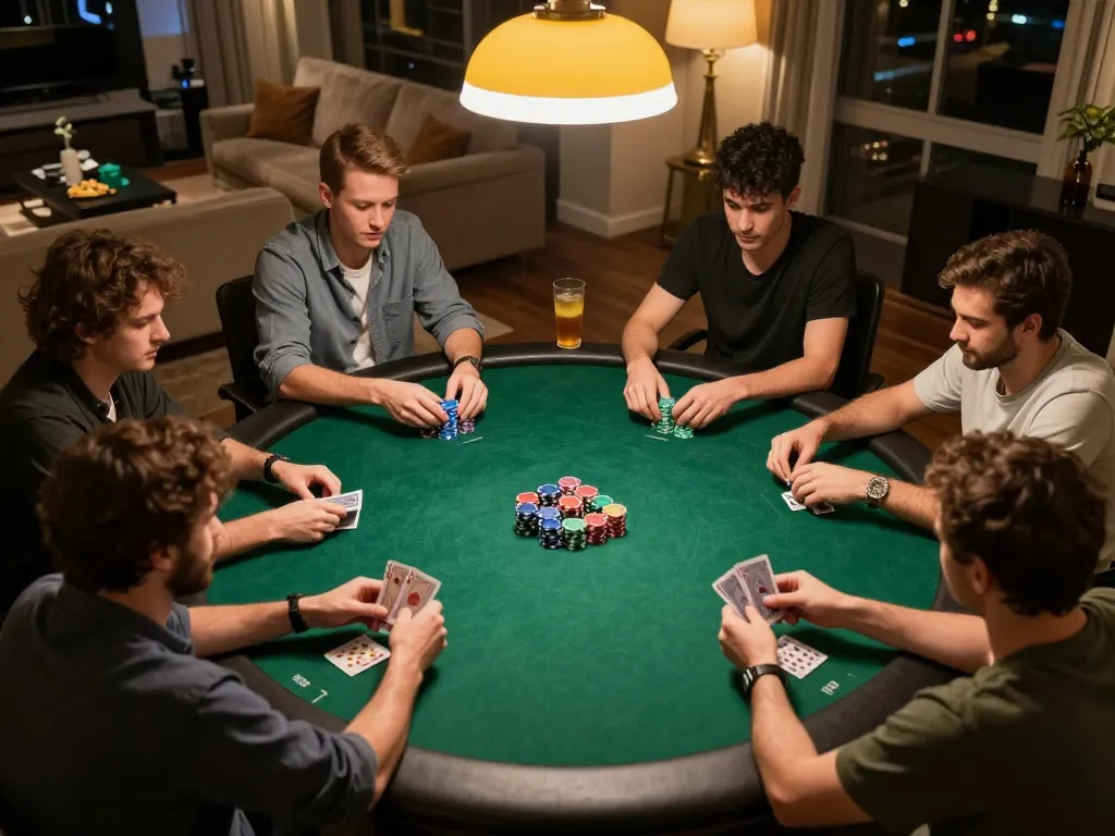 MPOID poker players engaged in strategic gameplay around a vibrant home table with chips and cards.