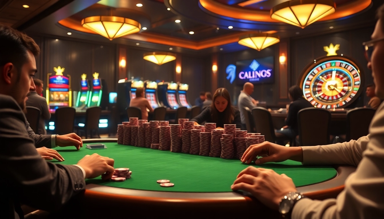 S8 casino layout with poker chips, slot machines, and a vibrant atmosphere.