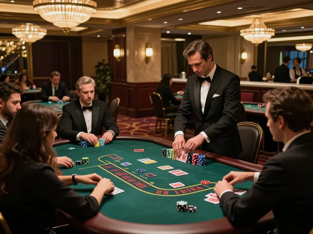 Engaged blackjack players strategizing at janadenole casino tables with rich decor and warm lighting.