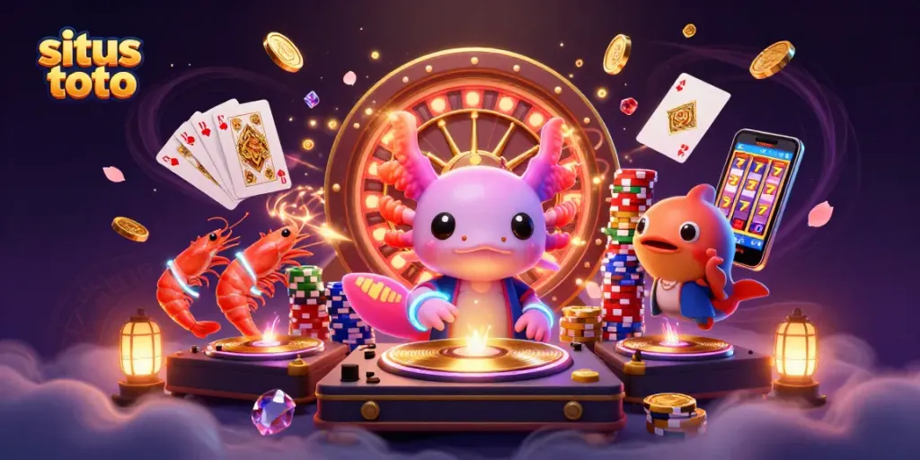 Menghadirkan suasana situs toto dengan DJ axolotl neon dan bintang kasino, dikelilingi oleh koin emas dan permata.