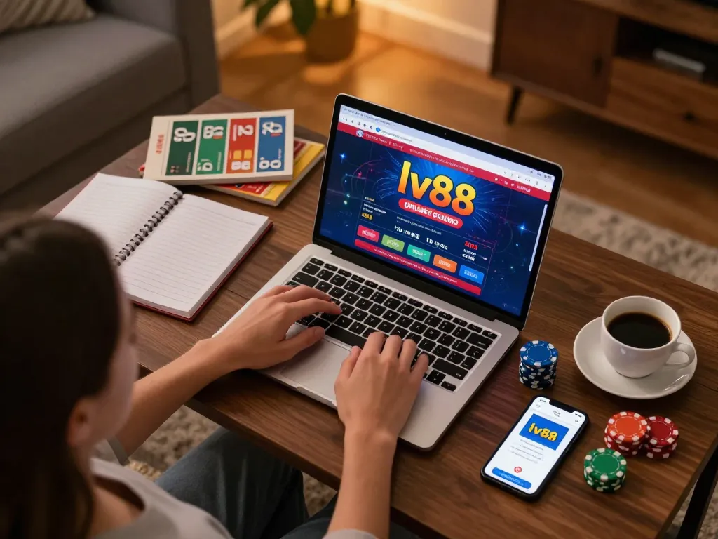 Engaged player enjoying online gaming at lv88 with laptop and strategy notes on a cozy table.