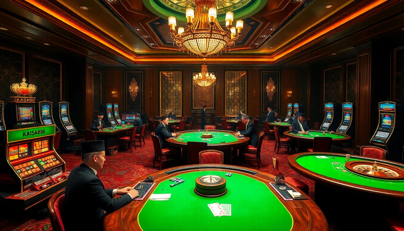 KAISAR 888 gambling scene with luxury casino tables, vibrant roulette wheels, and professional dealers.
