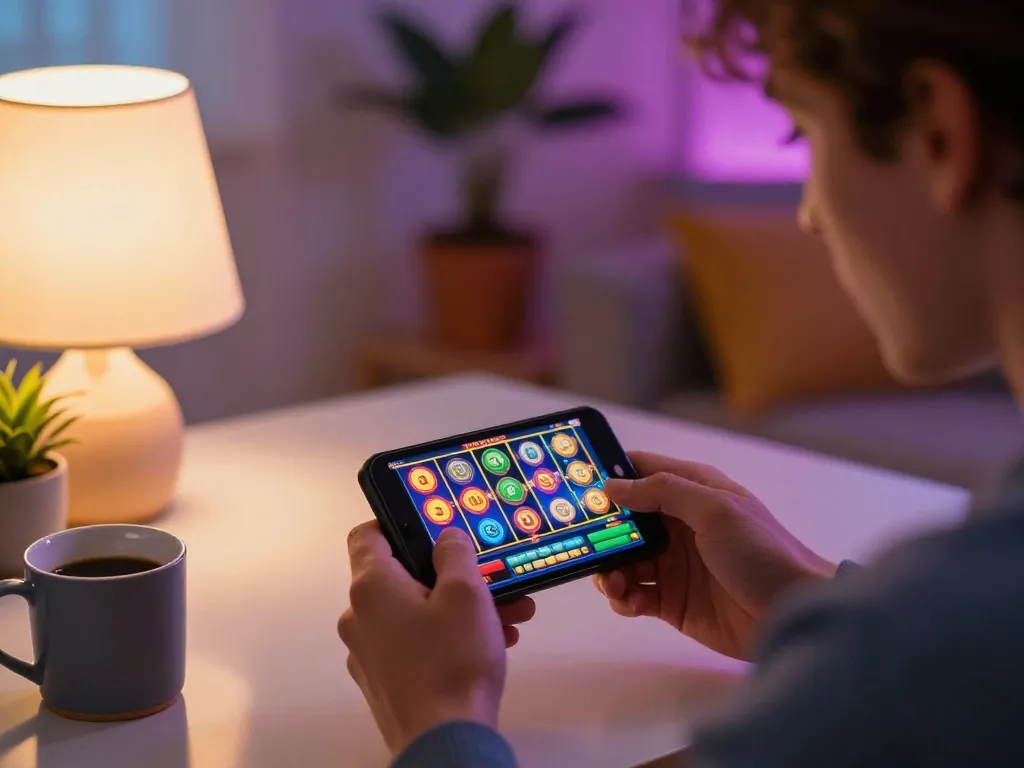 Terlibat dalam permainan slot mega di smartphone dalam pengaturan rumah yang nyaman, menunjukkan perjudian online yang santai dan strategis