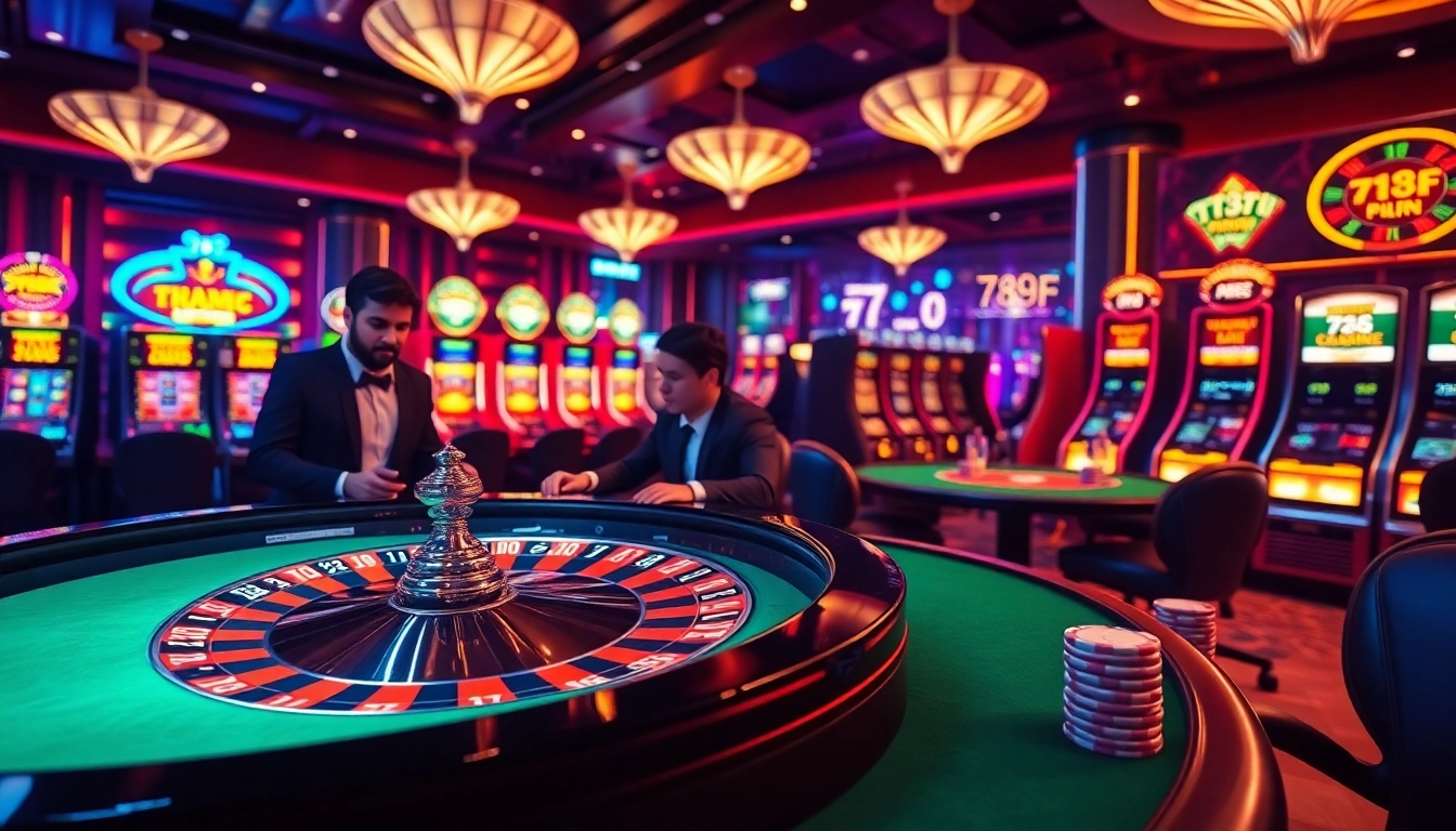 Exciting poker action at the 789f site casino, featuring a roulette wheel and vibrant gambling atmosphere.