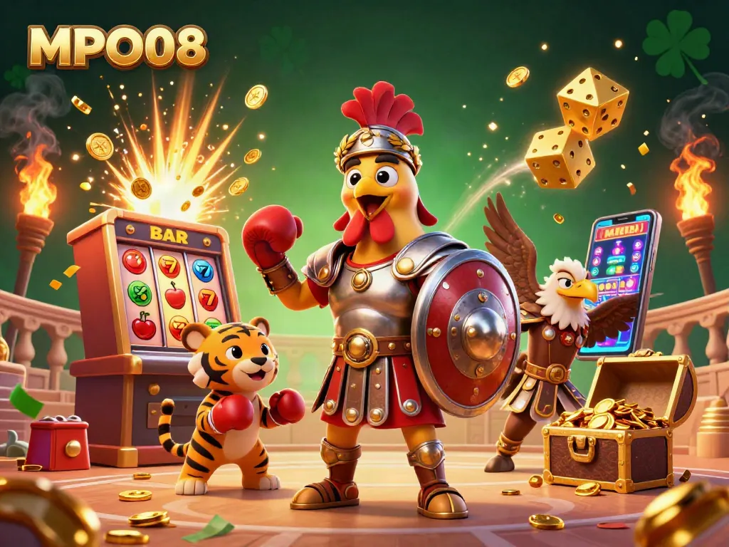MPO08 ignites excitement with a colorful 3D scene featuring a rooster, tiger cub, and eagle amidst a jackpot explosion.
