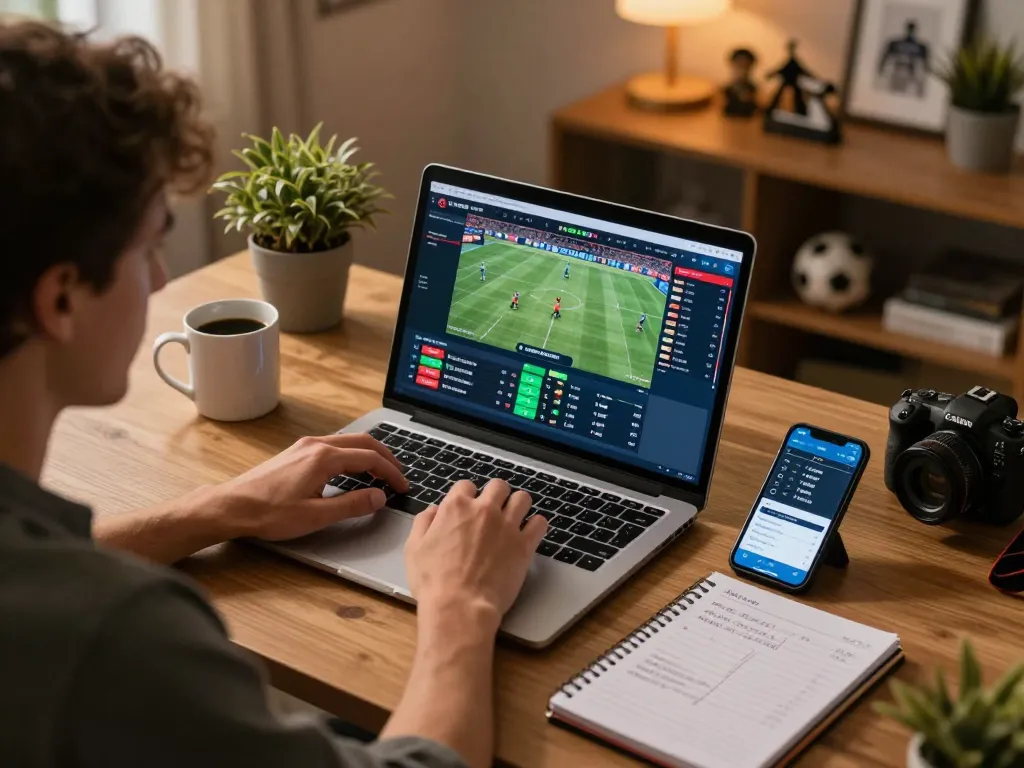Engaging online sports betting scene showcasing LGOGOAL strategies with laptop and notes.