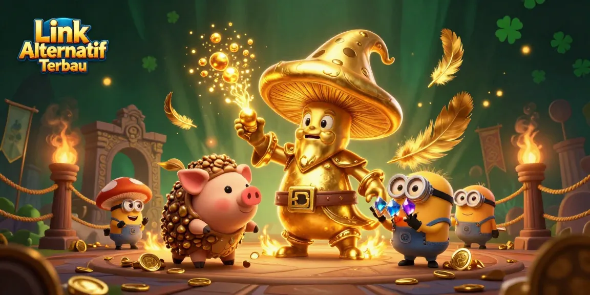 Engage with the Link Alternatif Terbaru through this vibrant casino-themed illustration packed with gold and sparkles.
