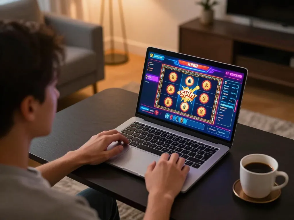 Engaging scene of a player enjoying KP88 online casino games at home, vibrant slots displayed on laptop screen.